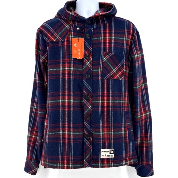 YoungLA Hooded Shirt Jacket Men M Blue Red Plaid Button Up Hoodie NWT Casual